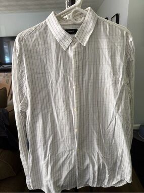 Theory White Button-Up Shirt with Navy Grid
